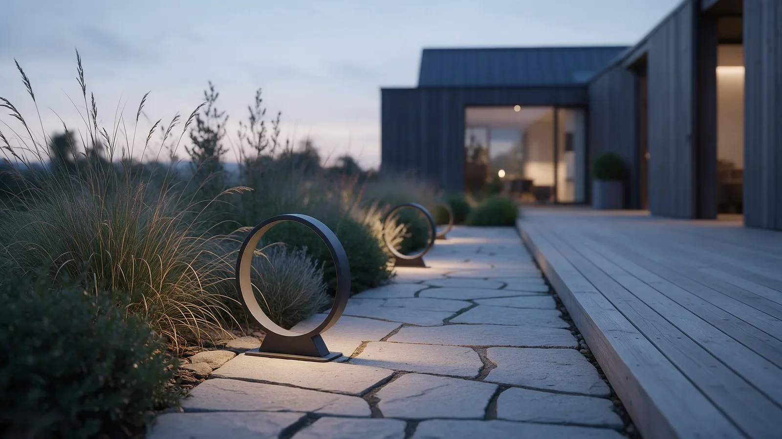 Terrasse paysagée au crépuscule avec petits luminaires circulaires noirs installés bas le long d’un chemin.