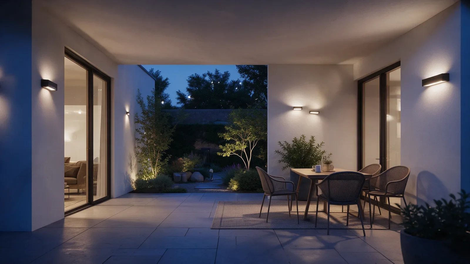 Terrasse résidentielle couverte avec luminaires muraux noirs et fins diffuseurs opalescents, jardin planté et mobilier extérieur.
