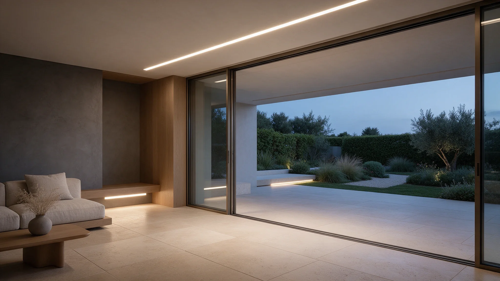 Visualisation d’un salon ouvert sur une terrasse au crépuscule, avec des lignes de lumière dans le plafond, sous un banc et le long d’une marche extérieure.
