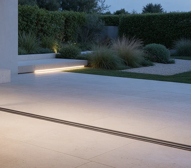 Détail illustratif d’une ligne lumineuse sous une marche de terrasse, au bord du jardin.